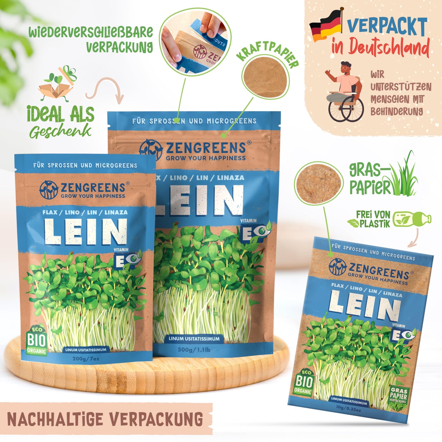 Zengreens organic flax seeds in resealable, plastic-free, eco-friendly packaging made in Germany.