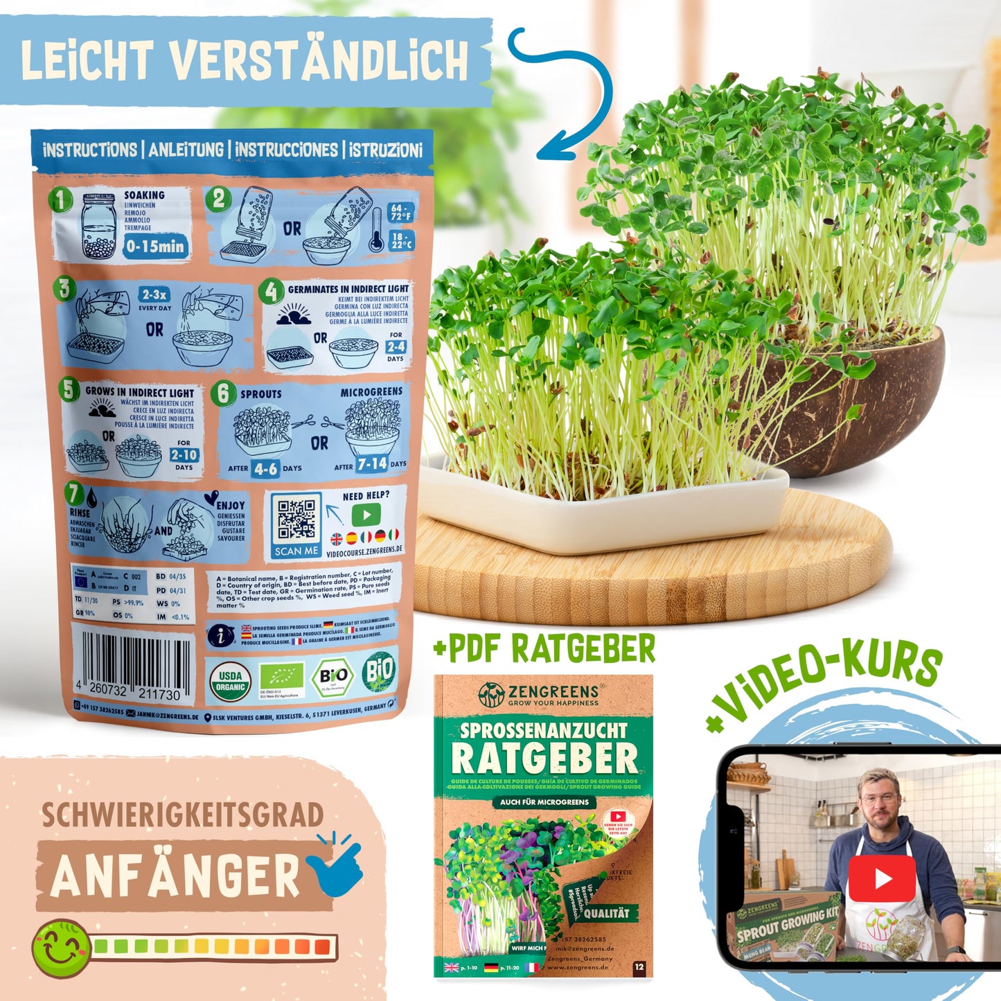 Sprouting seed packaging with step-by-step instructions, jars of sprouts, a growing guide, and beginner-friendly video course.
