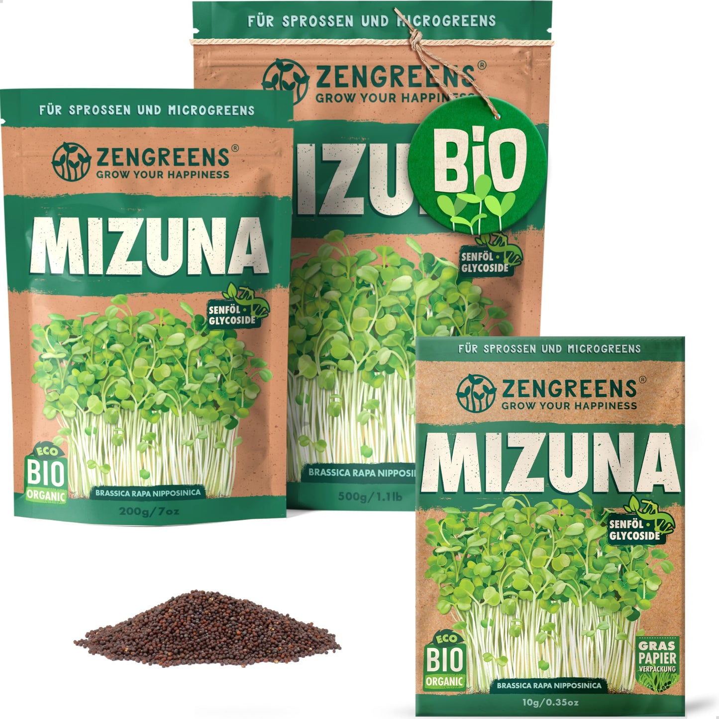 Zengreens organic mizuna seeds for sprouts and microgreens in eco-friendly packaging, shown in multiple sizes.