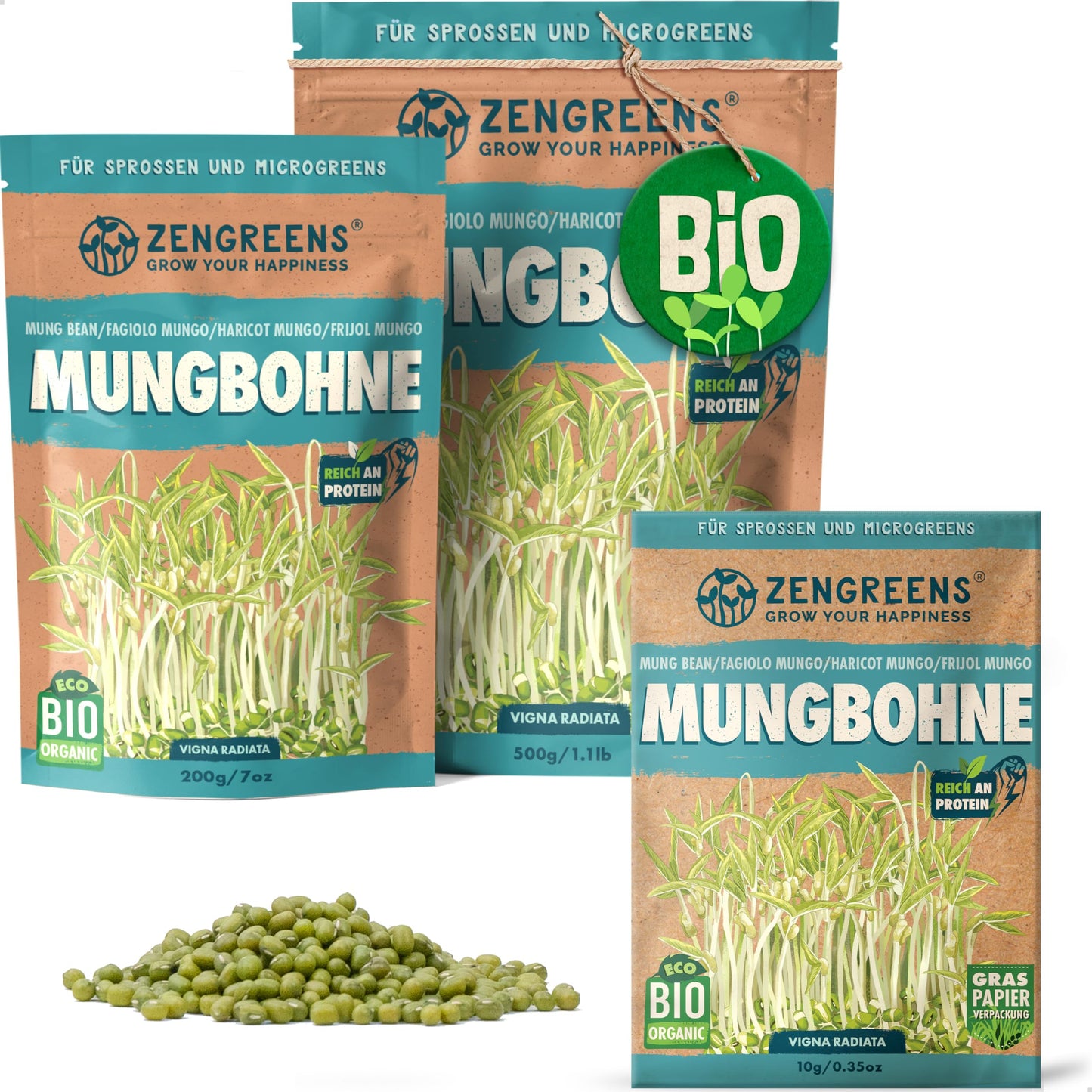 Zengreens organic mung bean seeds for sprouts and microgreens in eco-friendly packaging, shown in multiple sizes.