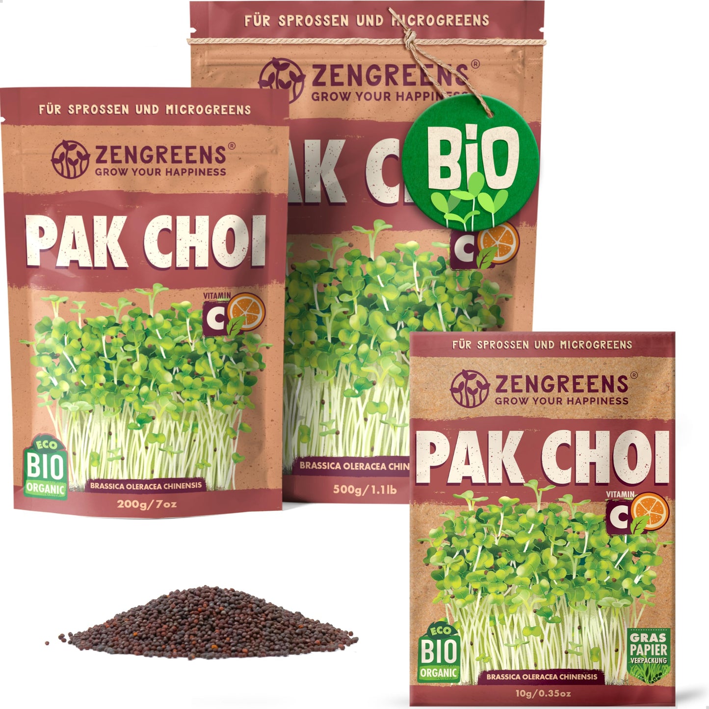 Zengreens organic pakchoi seeds for sprouts and microgreens in eco-friendly packaging, shown in multiple sizes.