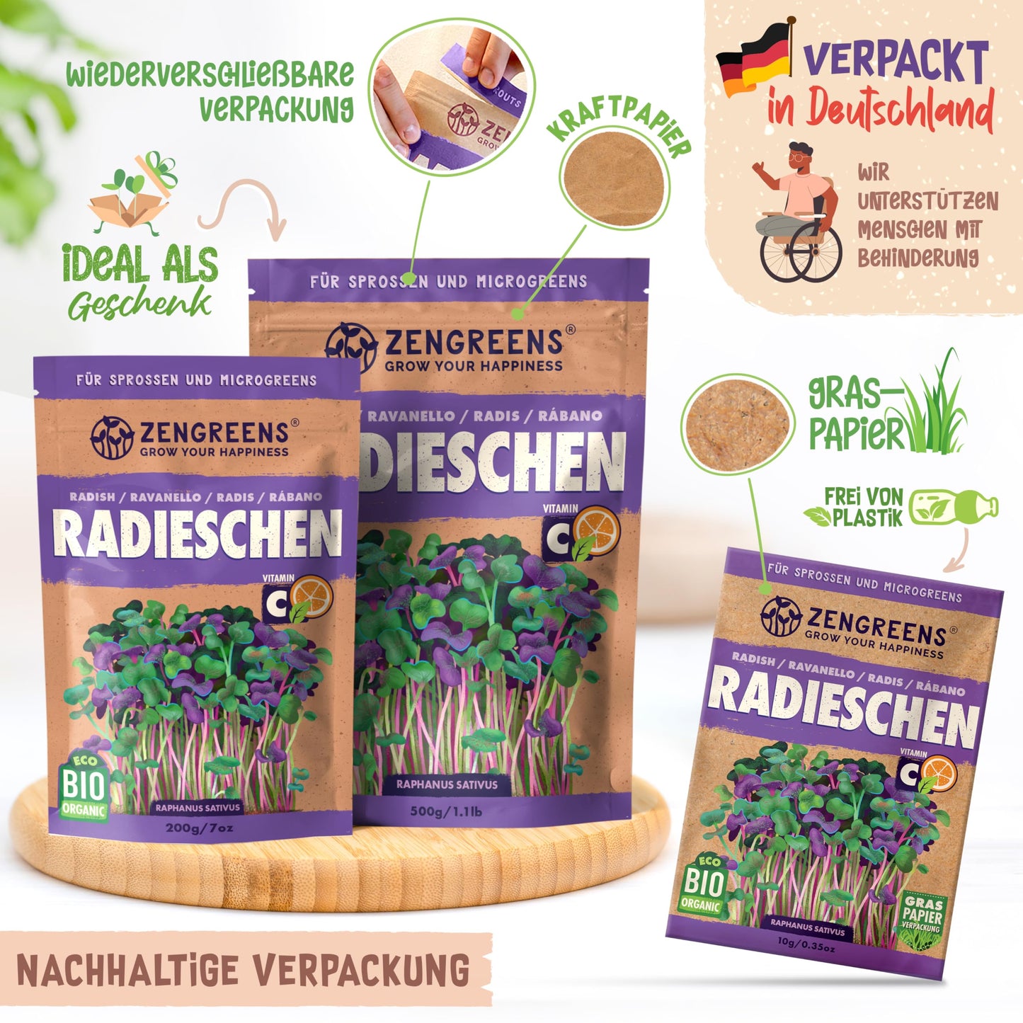 Zengreens organic radish seeds in resealable, plastic-free, eco-friendly packaging made in Germany.