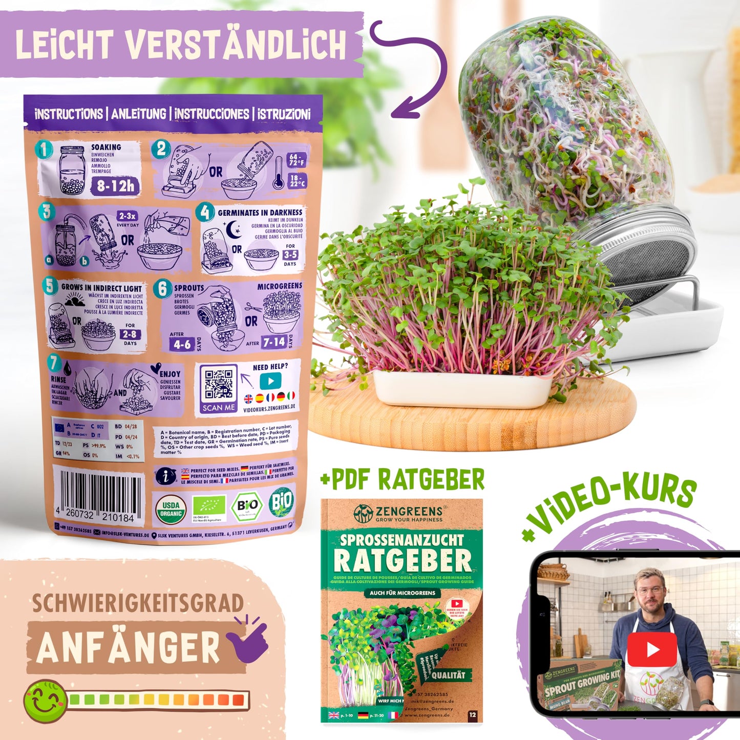 Radish sprouting kit with growing instructions, microgreens in a tray, PDF guide, and video tutorial for beginners.