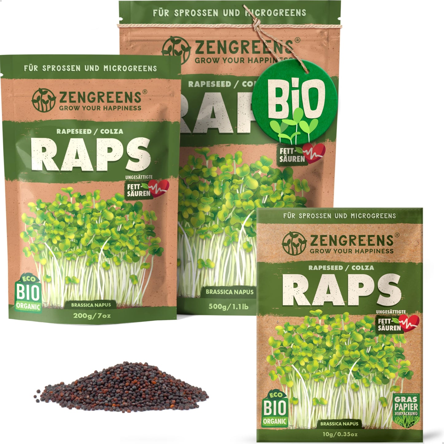 Zengreens organic raps seeds for sprouts and microgreens in eco-friendly packaging, shown in multiple sizes.
