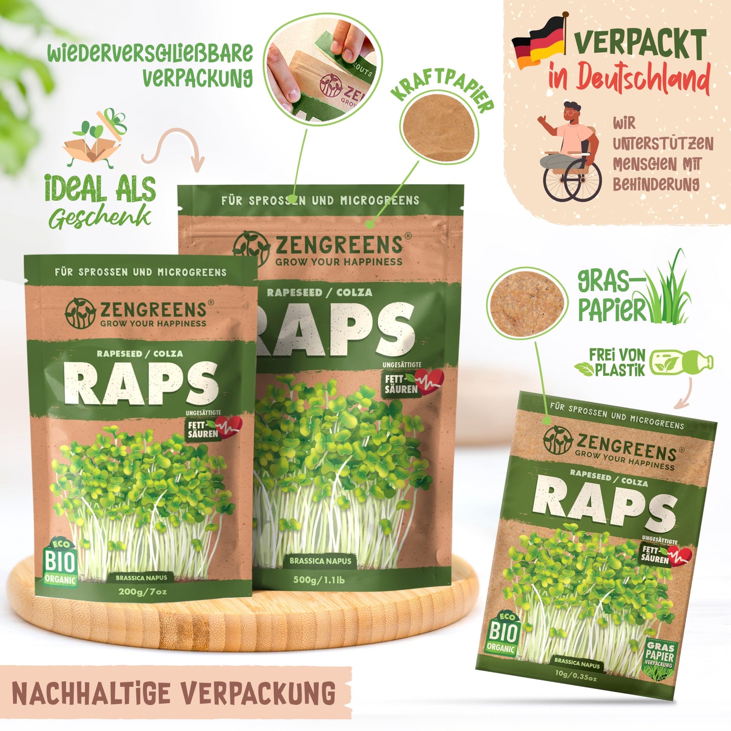 Zengreens organic raps seeds in resealable, plastic-free, eco-friendly packaging made in Germany.