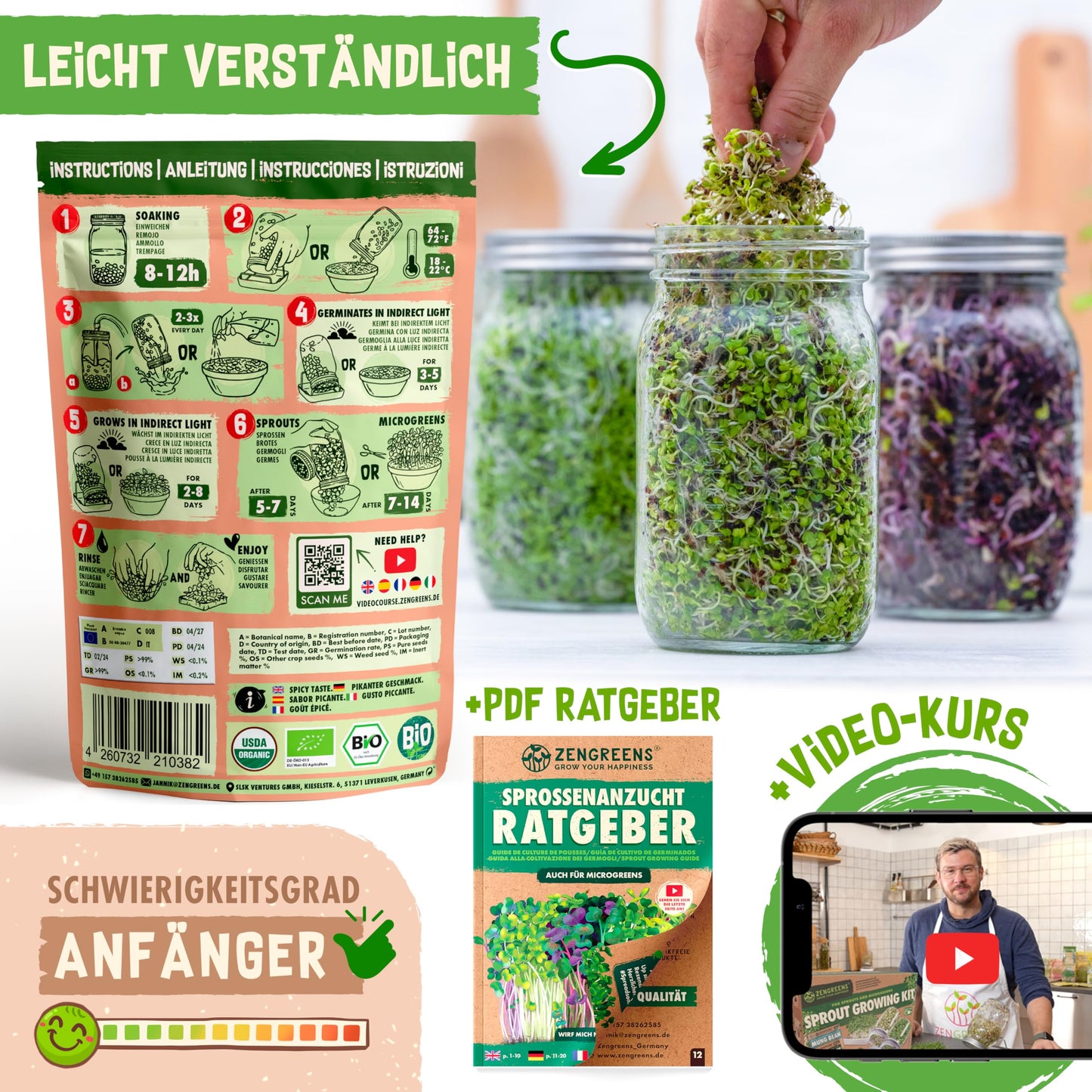 Sprouting seed packaging with step-by-step instructions, jars of sprouts, a growing guide, and beginner-friendly video course.