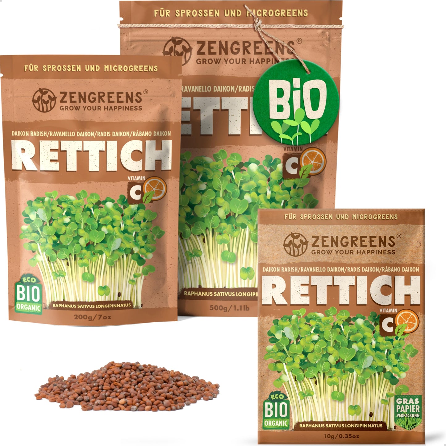 Zengreens organic radish seeds for sprouts and microgreens in eco-friendly packaging, shown in multiple sizes.