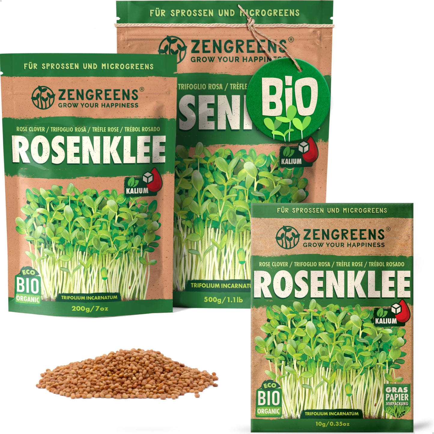 Zengreens organic rose clover seeds for sprouts and microgreens in eco-friendly packaging, shown in multiple sizes.