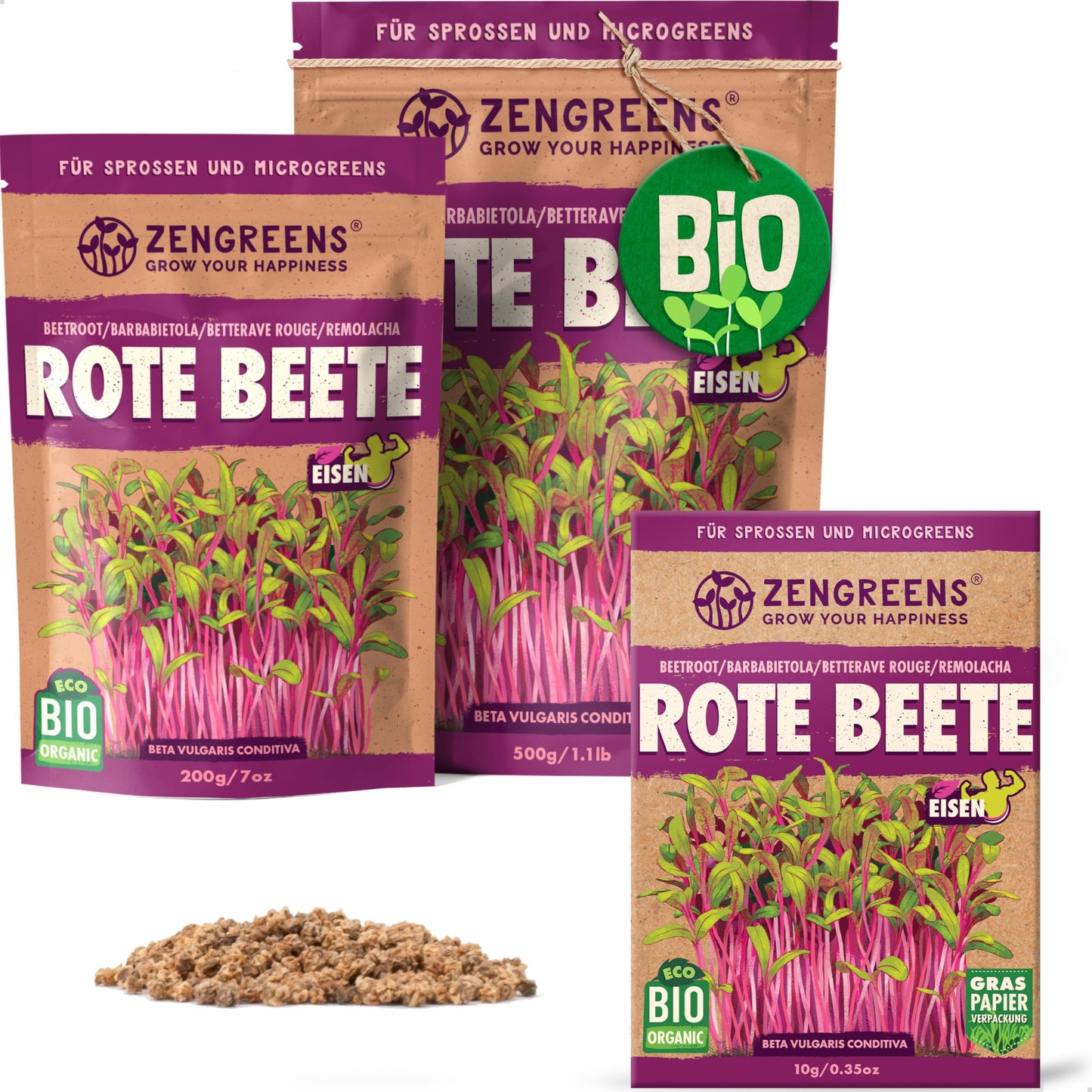 Zengreens organic beetroot seeds for sprouts and microgreens in eco-friendly packaging, shown in multiple sizes.