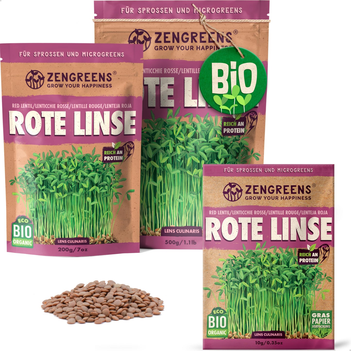 Zengreens organic red lens seeds for sprouts and microgreens in eco-friendly packaging, shown in multiple sizes.