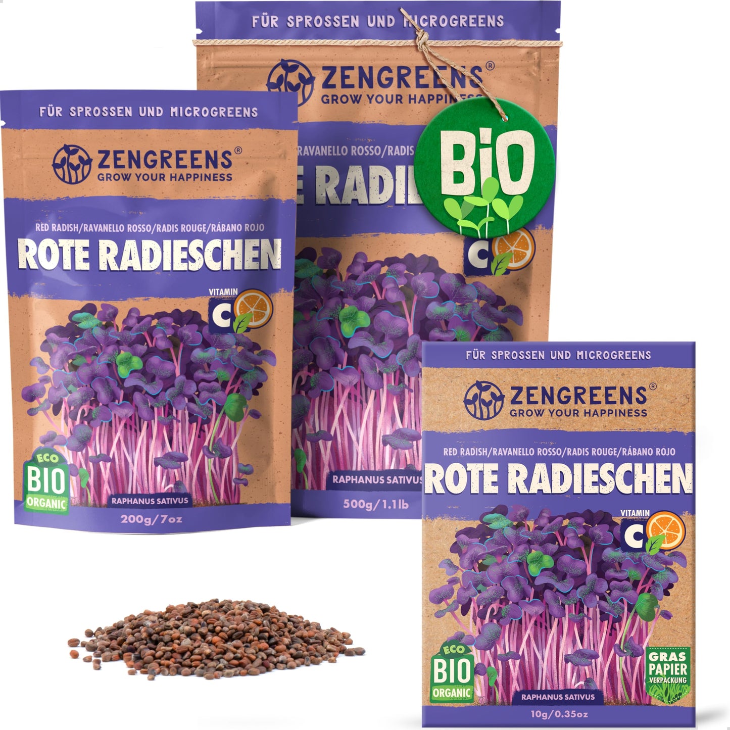 Zengreens organic red radish seeds for sprouts and microgreens in eco-friendly packaging, shown in multiple sizes.