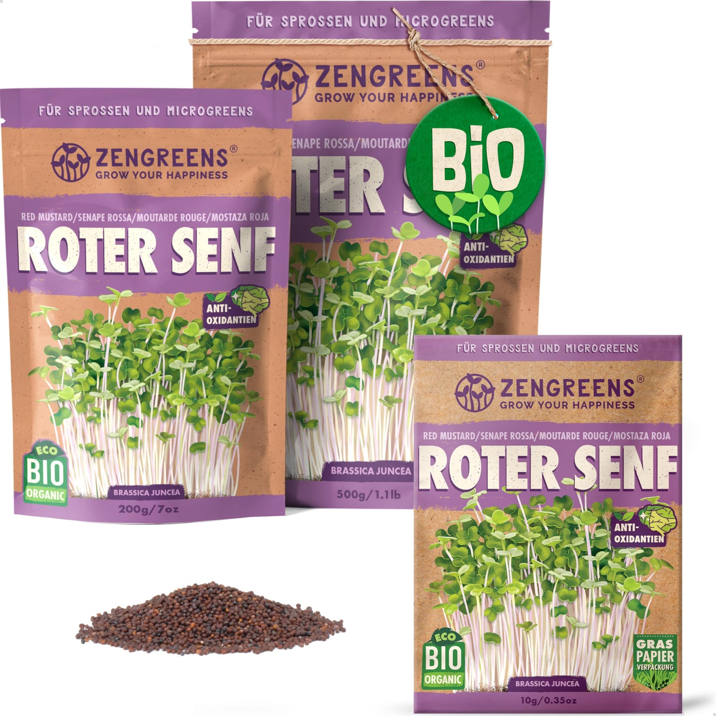 Zengreens organic red senf seeds for sprouts and microgreens in eco-friendly packaging, shown in multiple sizes.