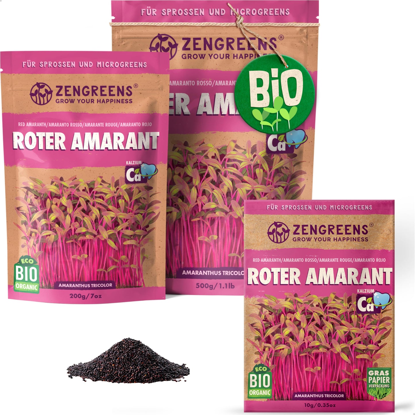 Zengreens organic red amarant seeds for sprouts and microgreens in eco-friendly packaging, shown in multiple sizes.
