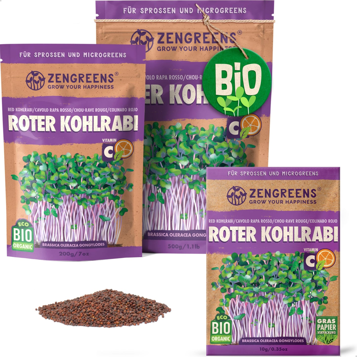 Zengreens organic red kohlrabi seeds for sprouts and microgreens in eco-friendly packaging, shown in multiple sizes.