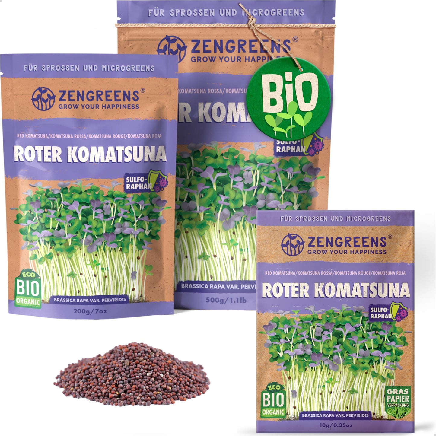 Zengreens organic red komatsuna seeds for sprouts and microgreens in eco-friendly packaging, shown in multiple sizes.