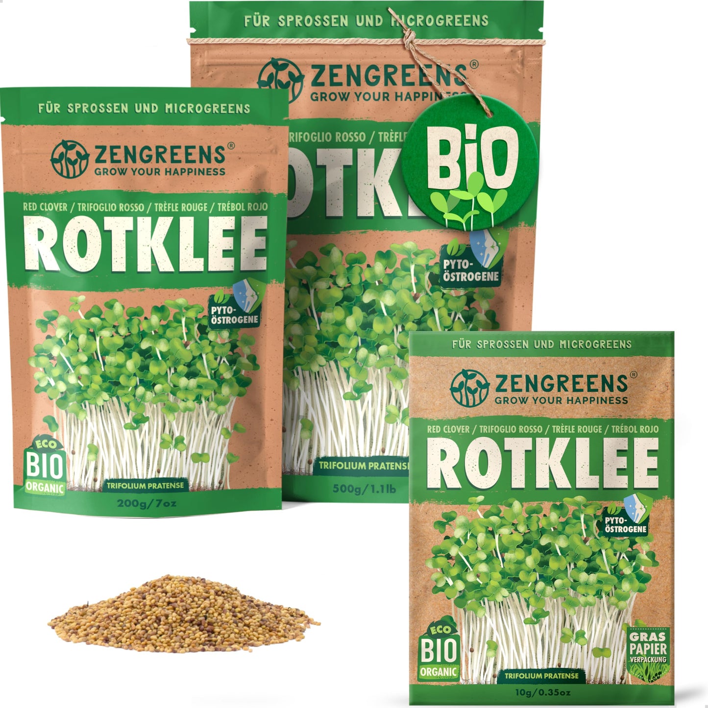 Zengreens organic red clover seeds for sprouts and microgreens in eco-friendly packaging, shown in multiple sizes.