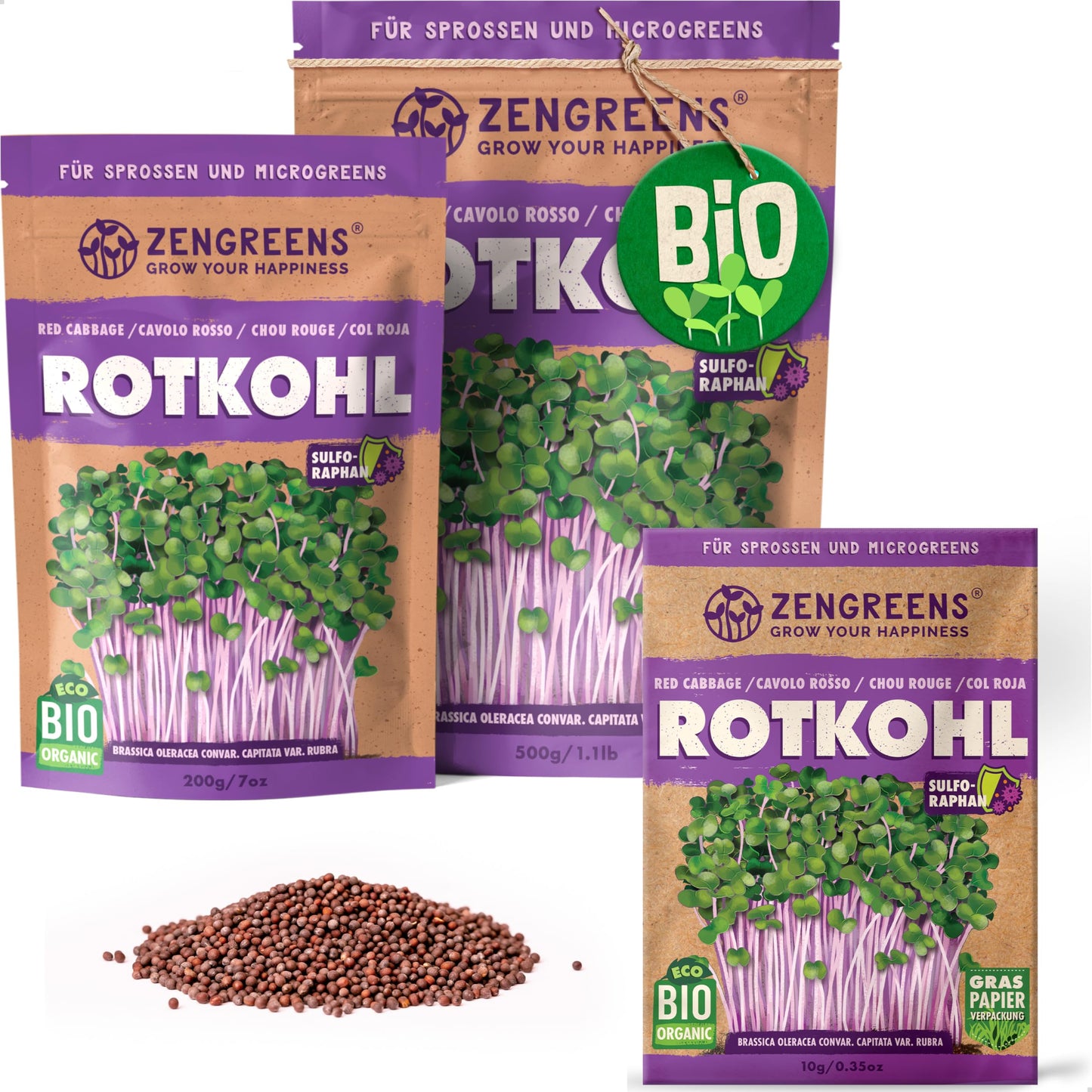 Zengreens organic red cabbage seeds for sprouts and microgreens in eco-friendly packaging, shown in multiple sizes.