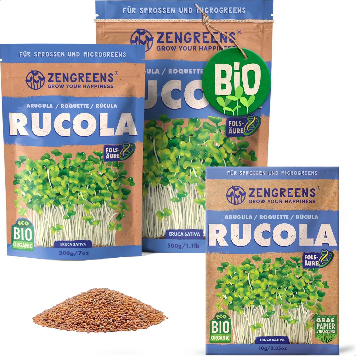 Zengreens organic rocket salad seeds for sprouts and microgreens in eco-friendly packaging, shown in multiple sizes.