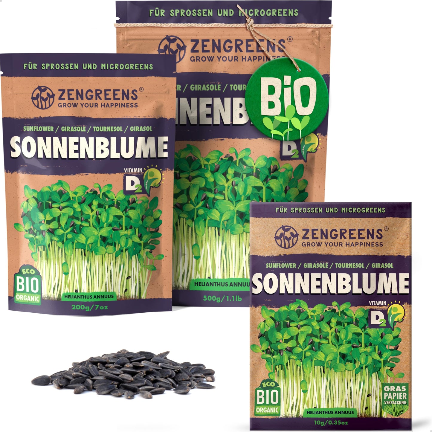 Zengreens organic sunflower seeds for sprouts and microgreens in eco-friendly packaging, shown in multiple sizes.