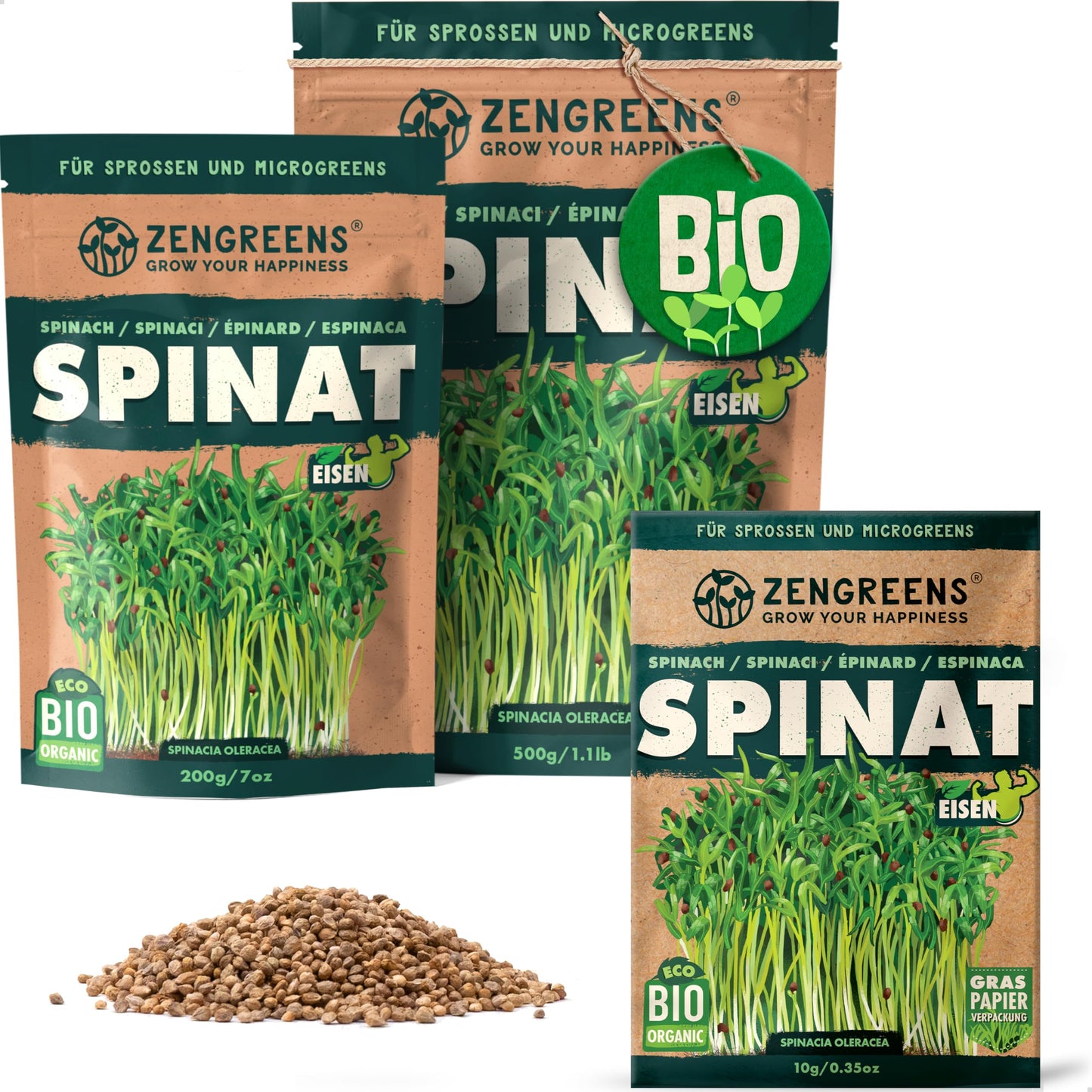 Zengreens organic spinach seeds for sprouts and microgreens in eco-friendly packaging, shown in multiple sizes.