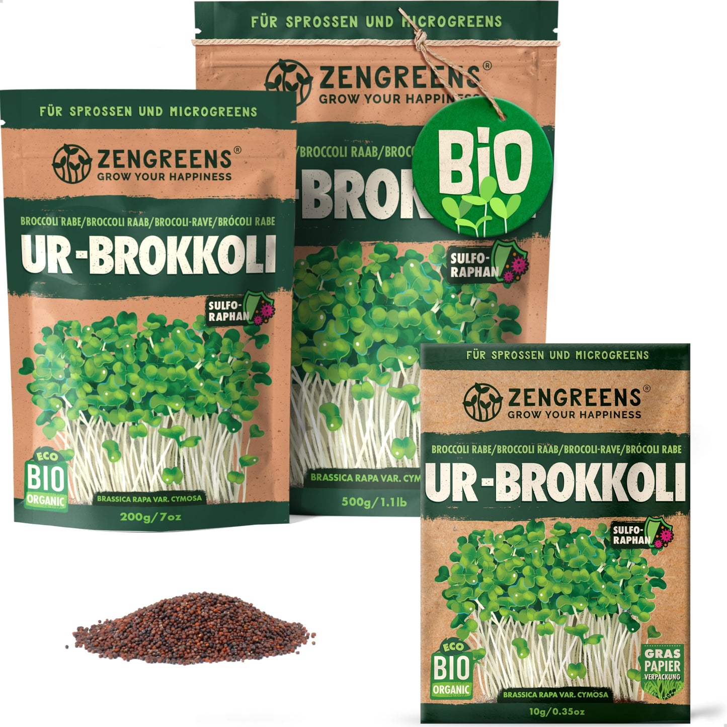 Zengreens organic brokkoli seeds for sprouts and microgreens in eco-friendly packaging, shown in multiple sizes.