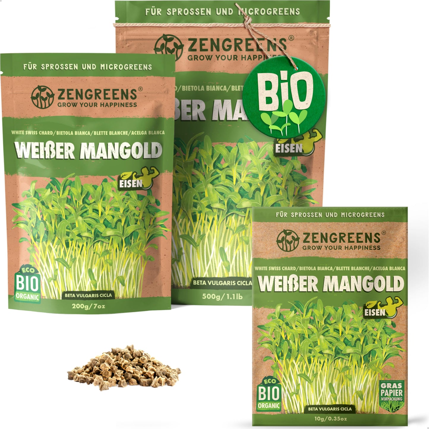 Zengreens organic mangold seeds for sprouts and microgreens in eco-friendly packaging, shown in multiple sizes.