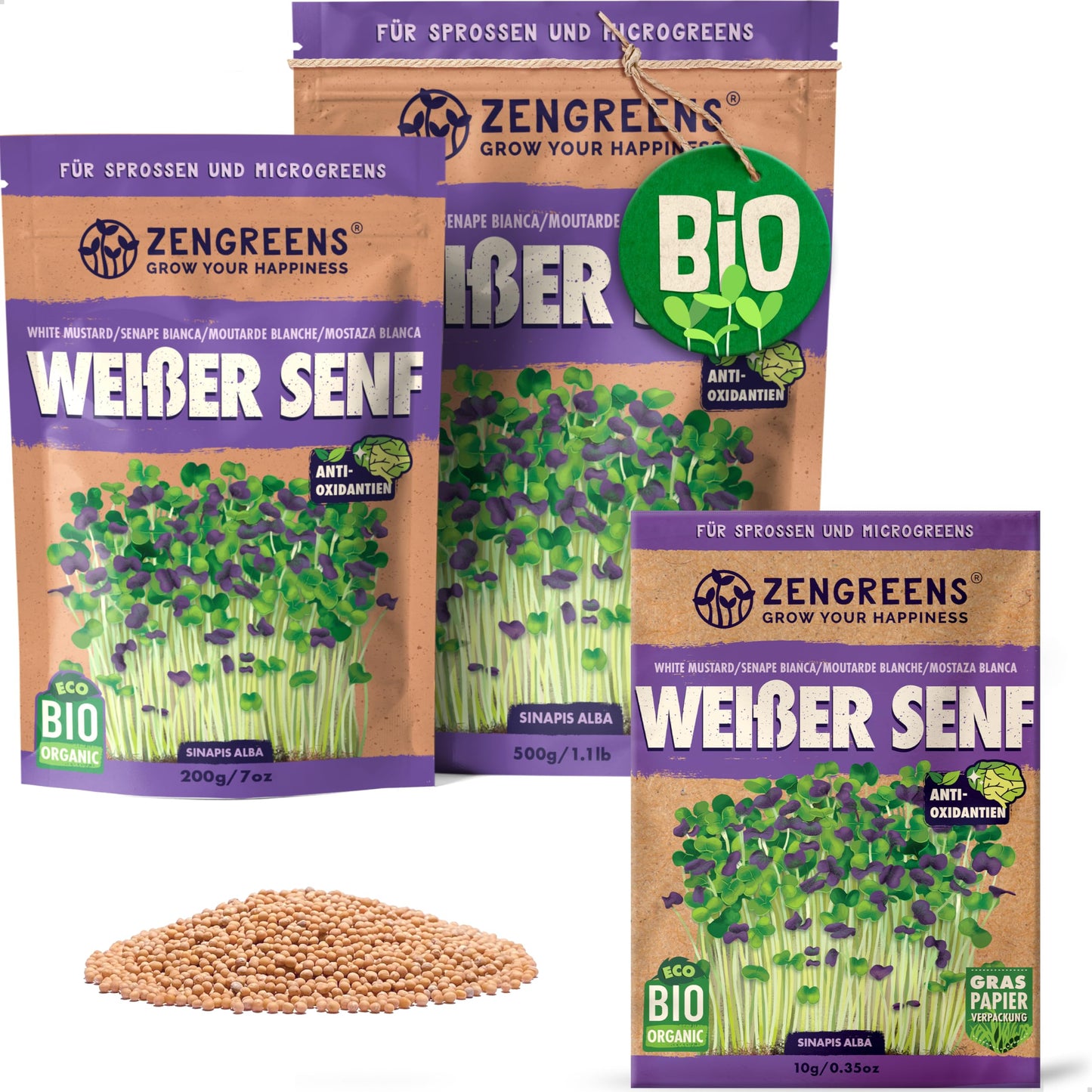 Zengreens organic senf seeds for sprouts and microgreens in eco-friendly packaging, shown in multiple sizes.
