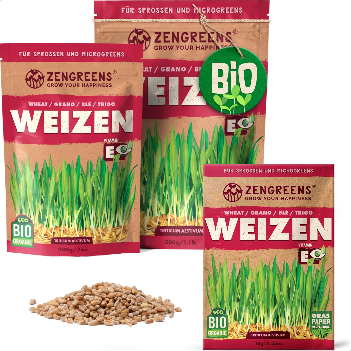 Zengreens organic wheat seeds for sprouts and microgreens in eco-friendly packaging, shown in multiple sizes.