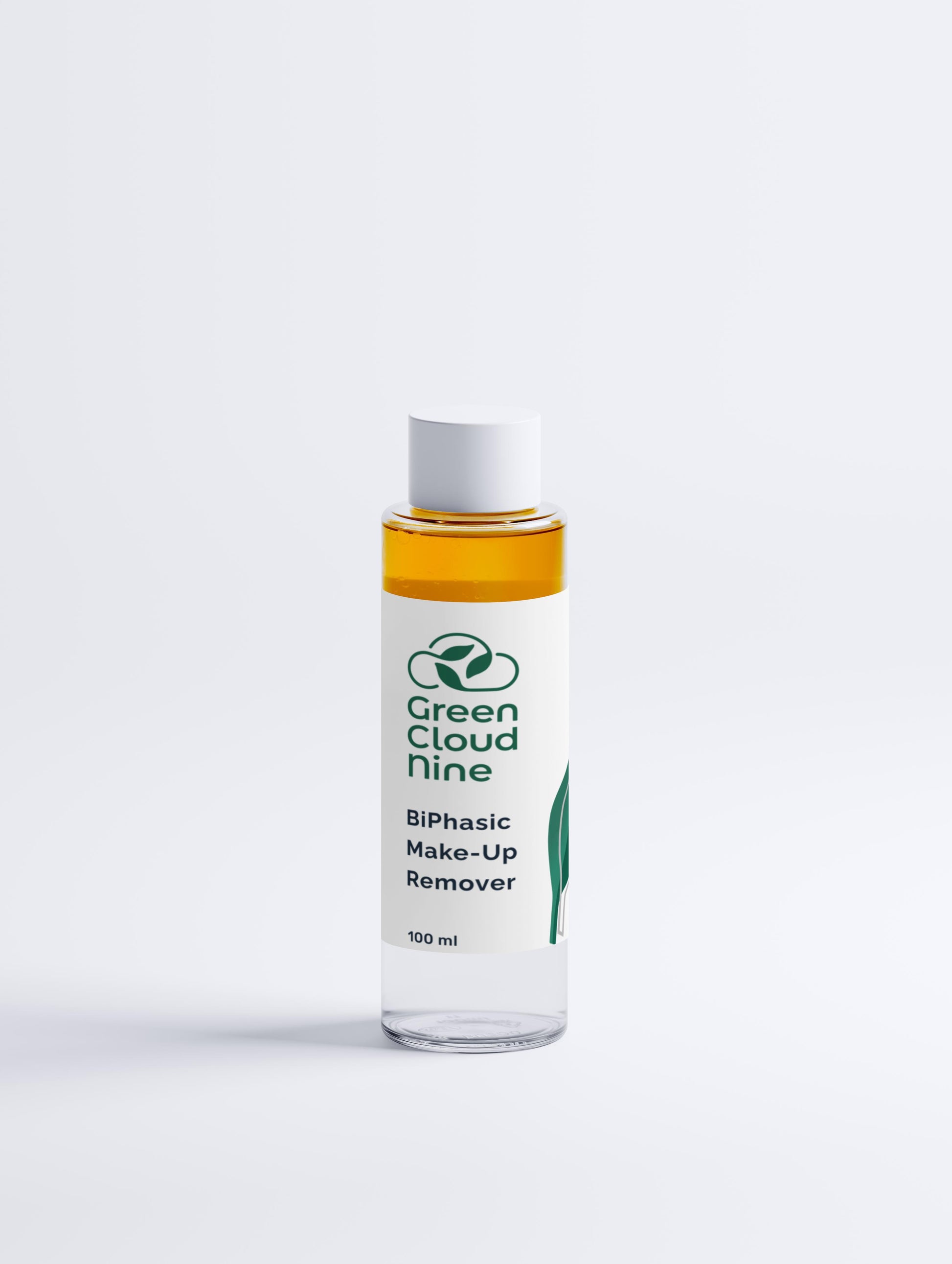 A sleek bottle of Green Cloud Nine Biphasic Make-Up Remover on a white background