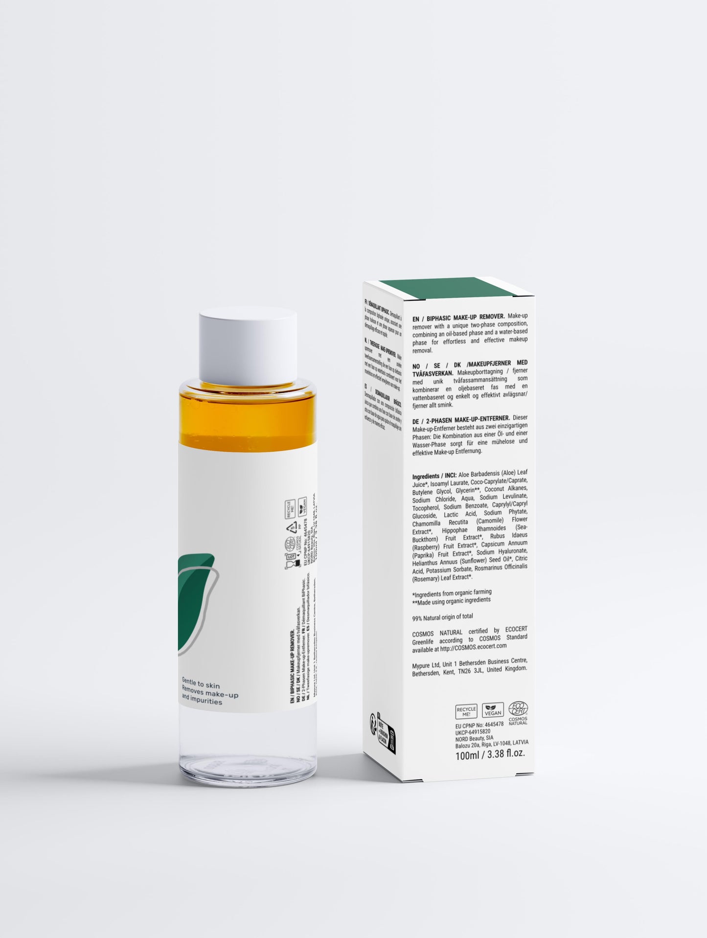 A sleek bottle with box back of Green Cloud Nine Biphasic Make-Up Remover on a white background