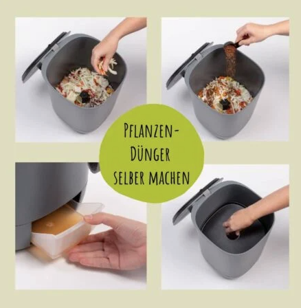 Bokashi composting process: add scraps, sprinkle ferment, drain liquid fertilizer, and stir contents in the grey bucket.