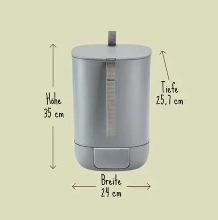 Grey Bokashi bucket with handle shown frontally, displaying height (35 cm), width (24 cm), and depth (25.7 cm) measurements.
