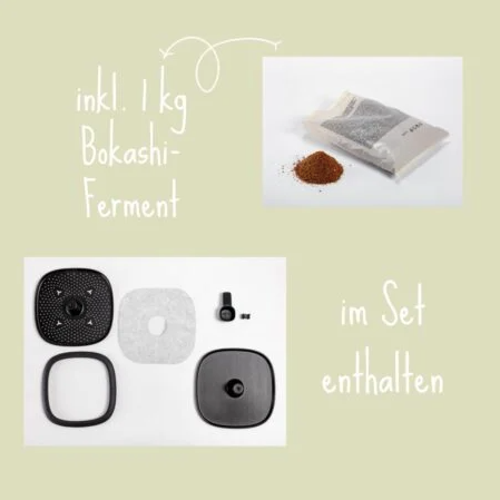 Bokashi composting set contents: 1 kg ferment mix and essential bucket components displayed on light green background