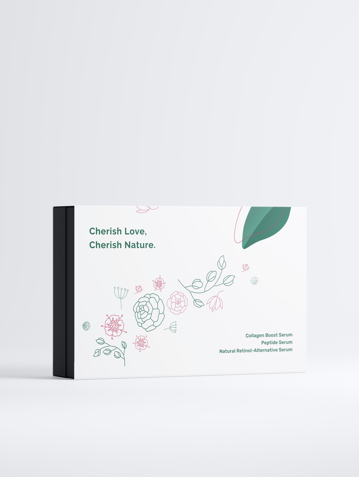 White product packaging Boost Serum Collection box back, with flowers illustrations, on a white background.