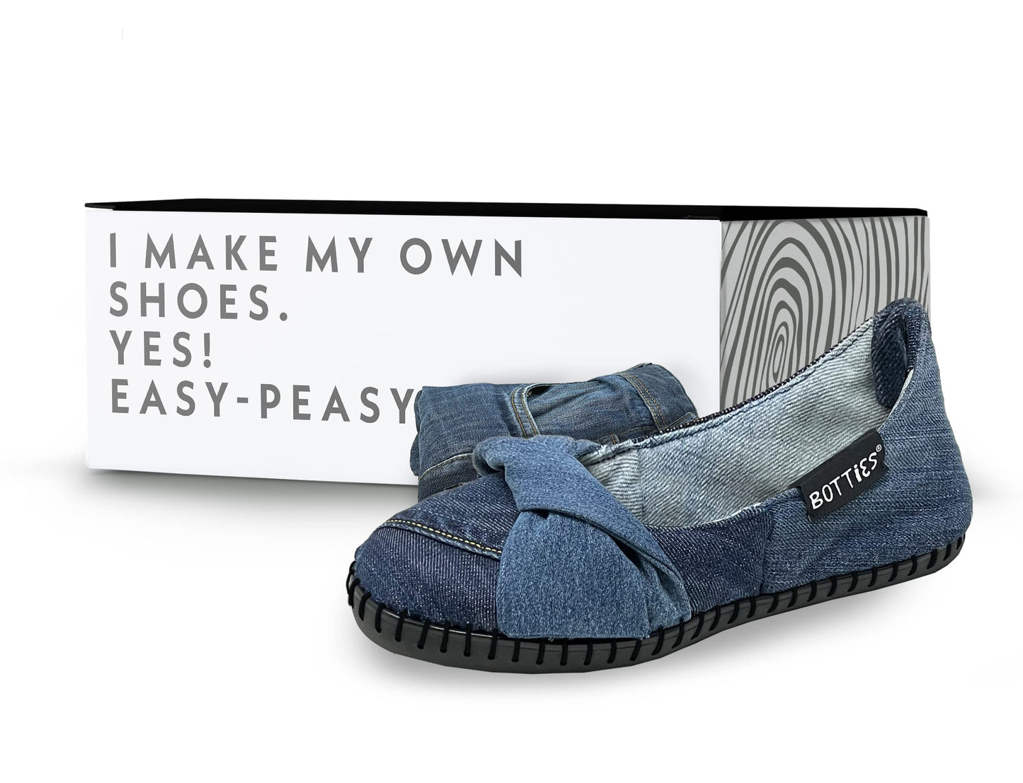 Eco-friendly DIY ballerinas made in denim with a black sole in front of a box