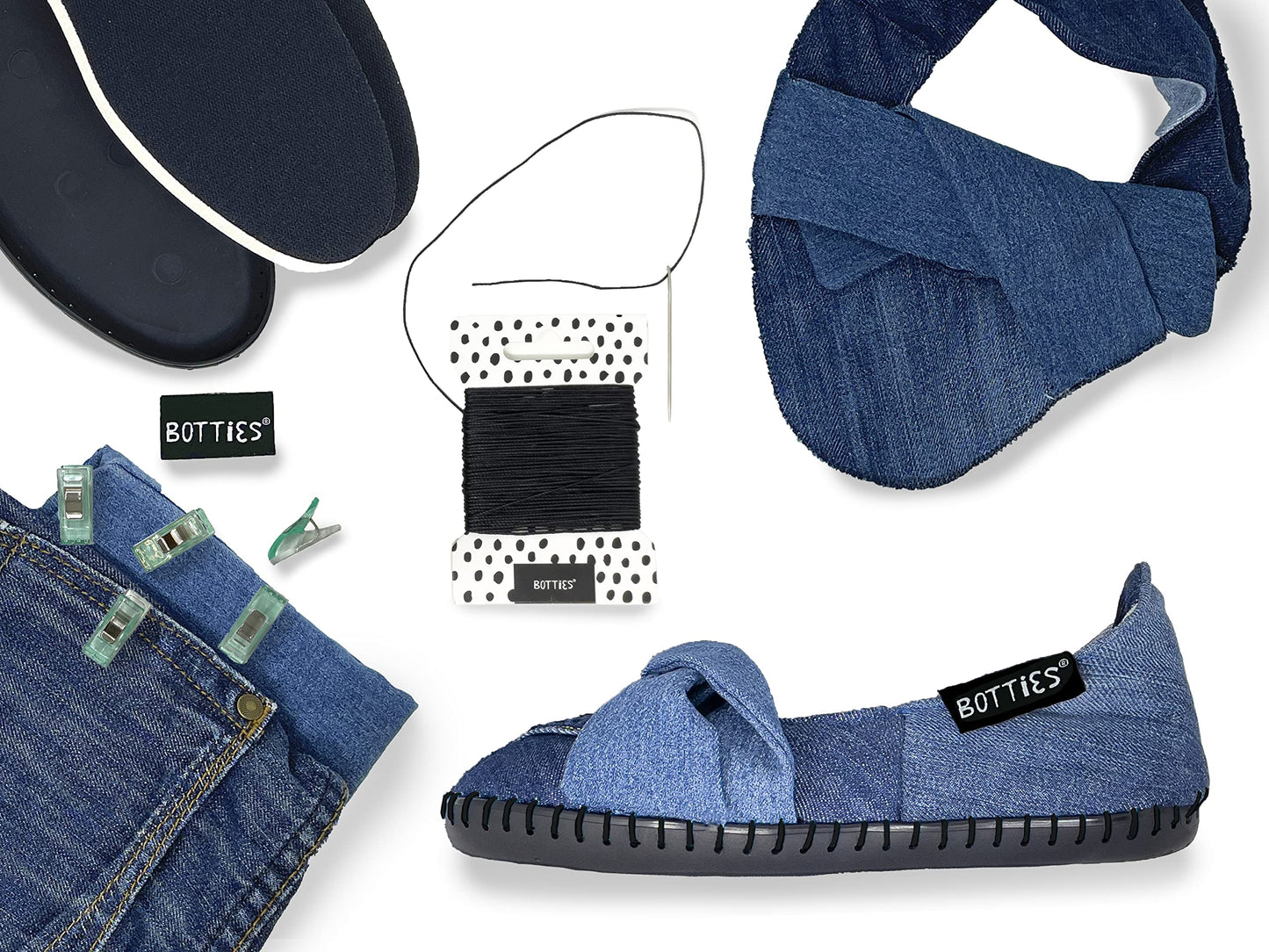 DIY shoe kit with denim, black rubber sole, thread, clips, and Botties label for sustainable upcycling.