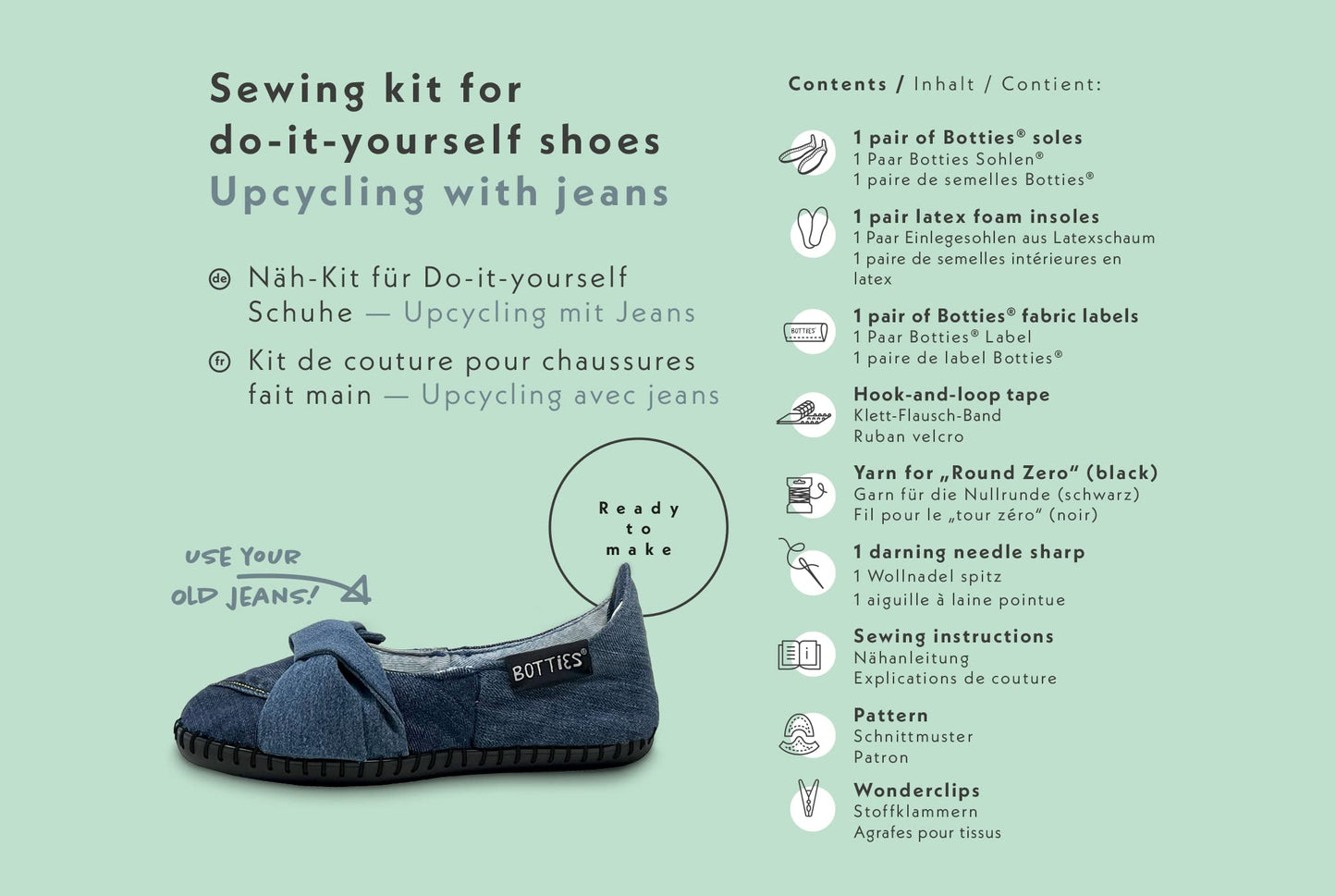 Sewing kit for DIY ballerinas using upcycled jeans, featuring Botties soles, latex foam insoles, fabric labels, thread, and instructions