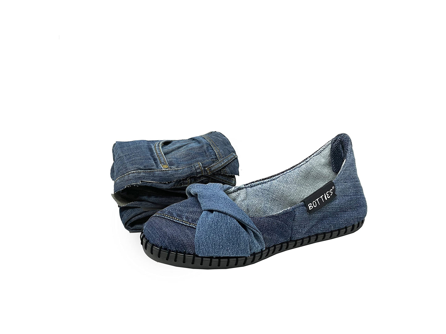 Eco-friendly DIY ballerinas made in denim with a black sole on a white background