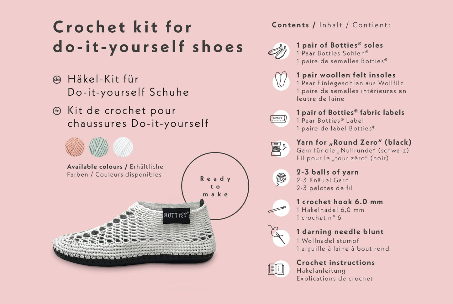 Pink flyer featuring a crocheted white shoe and a list of kit contents for making your own Botties footwear