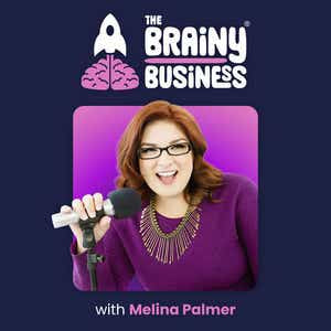 Melina Palmer holding a mic and a brain icon from Brainy Business cover