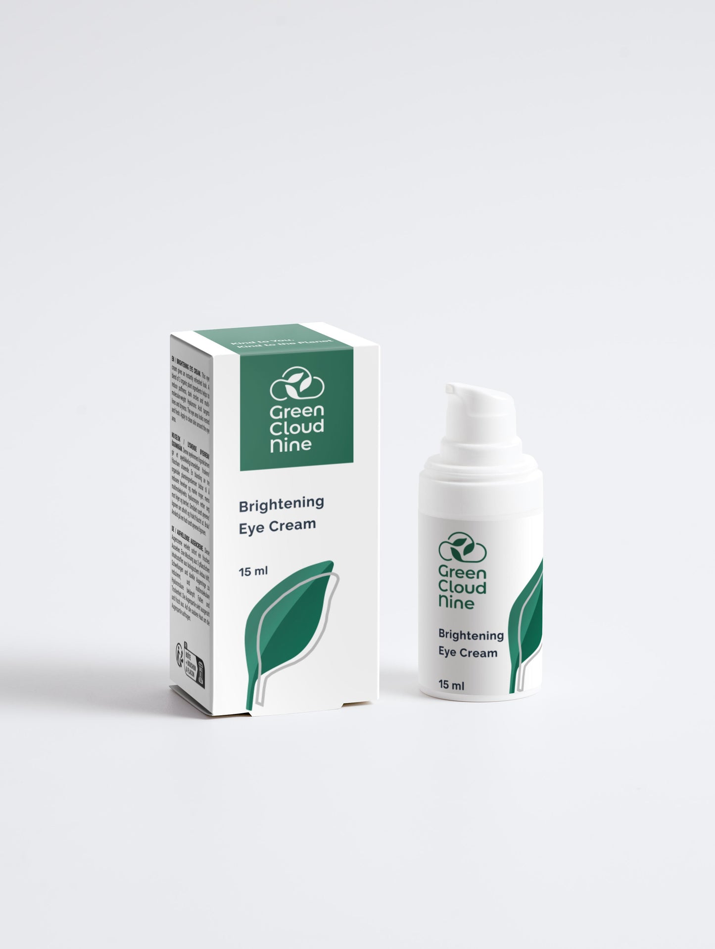 Brightening Eye Cream with box in a white pump bottle with Green Cloud Nine Logo