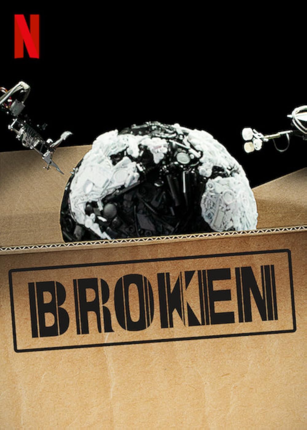 Broken documentary cover. A cracked Earth emerging from a box labeled "BROKEN" with robotic arms in the background.