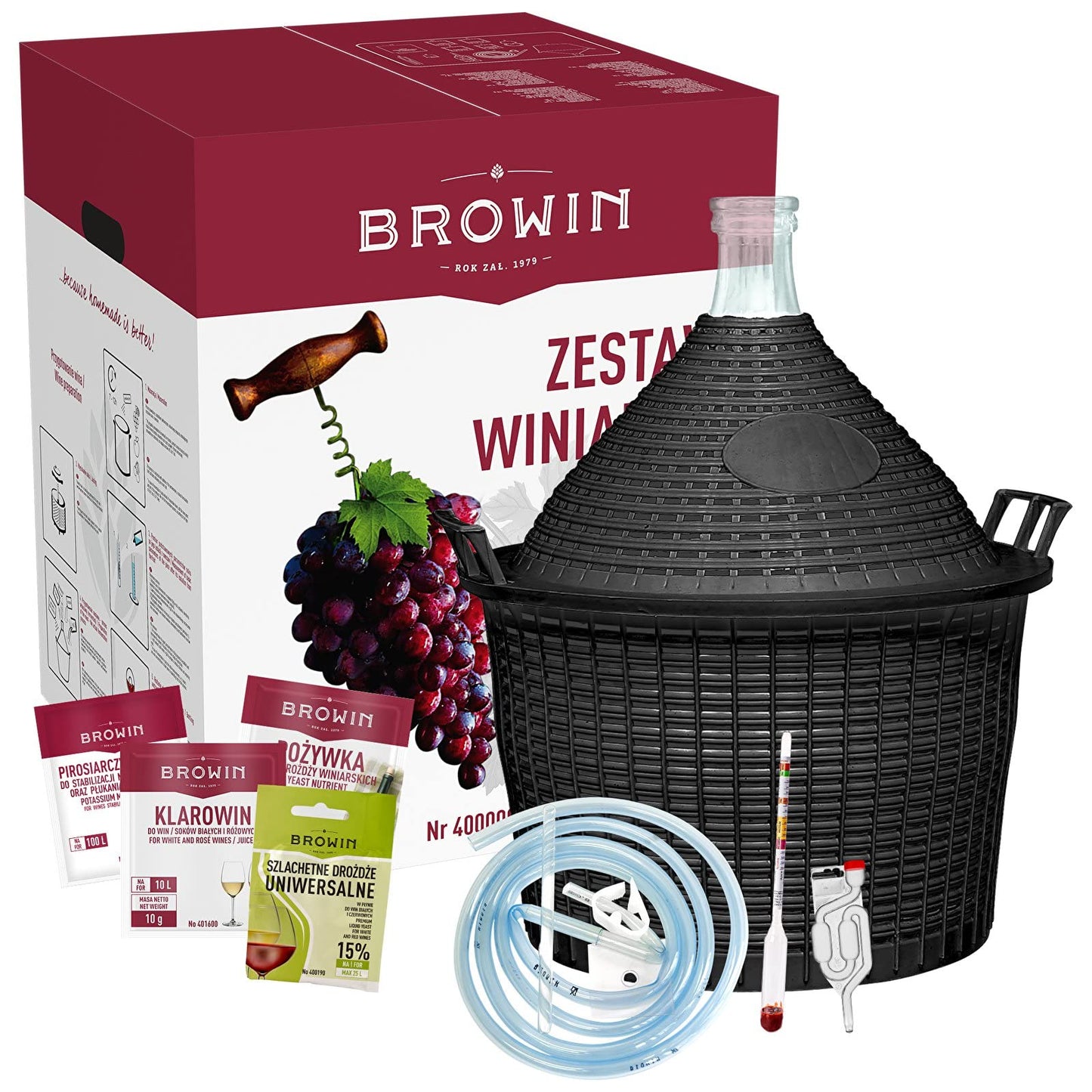 Browin 15L wine kit with black fermenter, tubes, thermometer, wine yeast, and eco-friendly box featuring grapes illustration