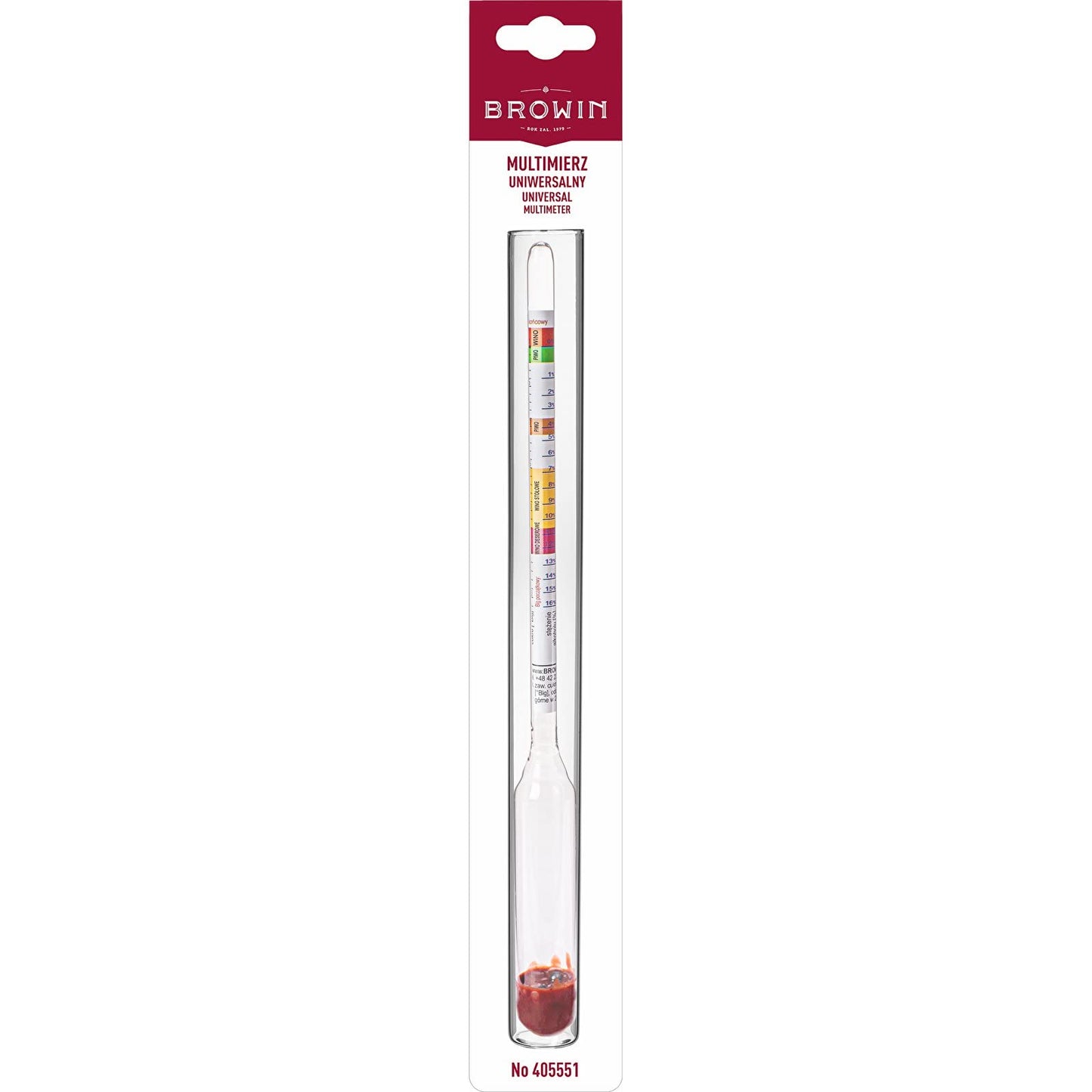 Browin universal glass hydrometer for wine and beer brewing, packaged vertically in a transparent sleeve with color-coded scale.