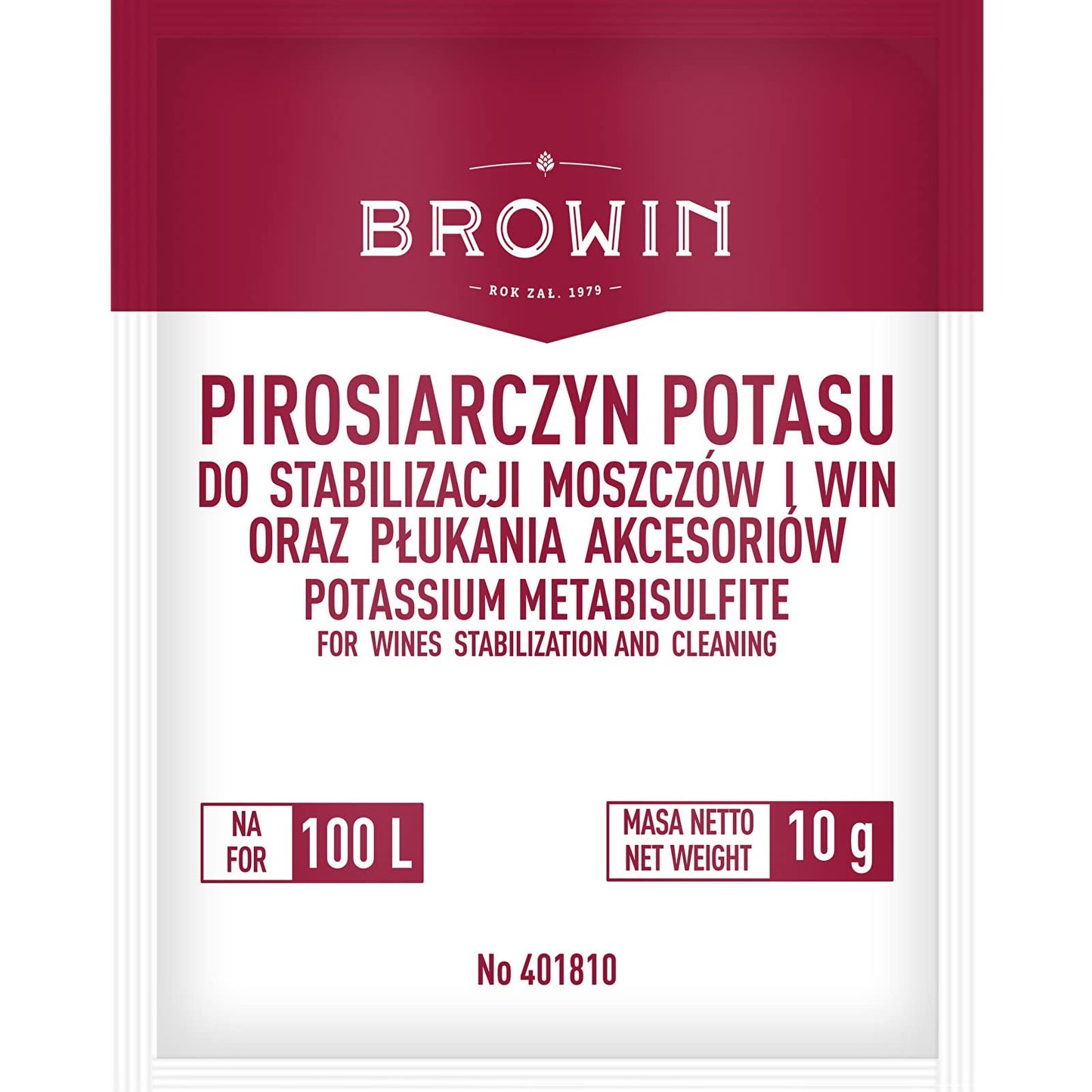 White packet labeled "Potassium Metabisulfite" by Browin for wine making starter kit