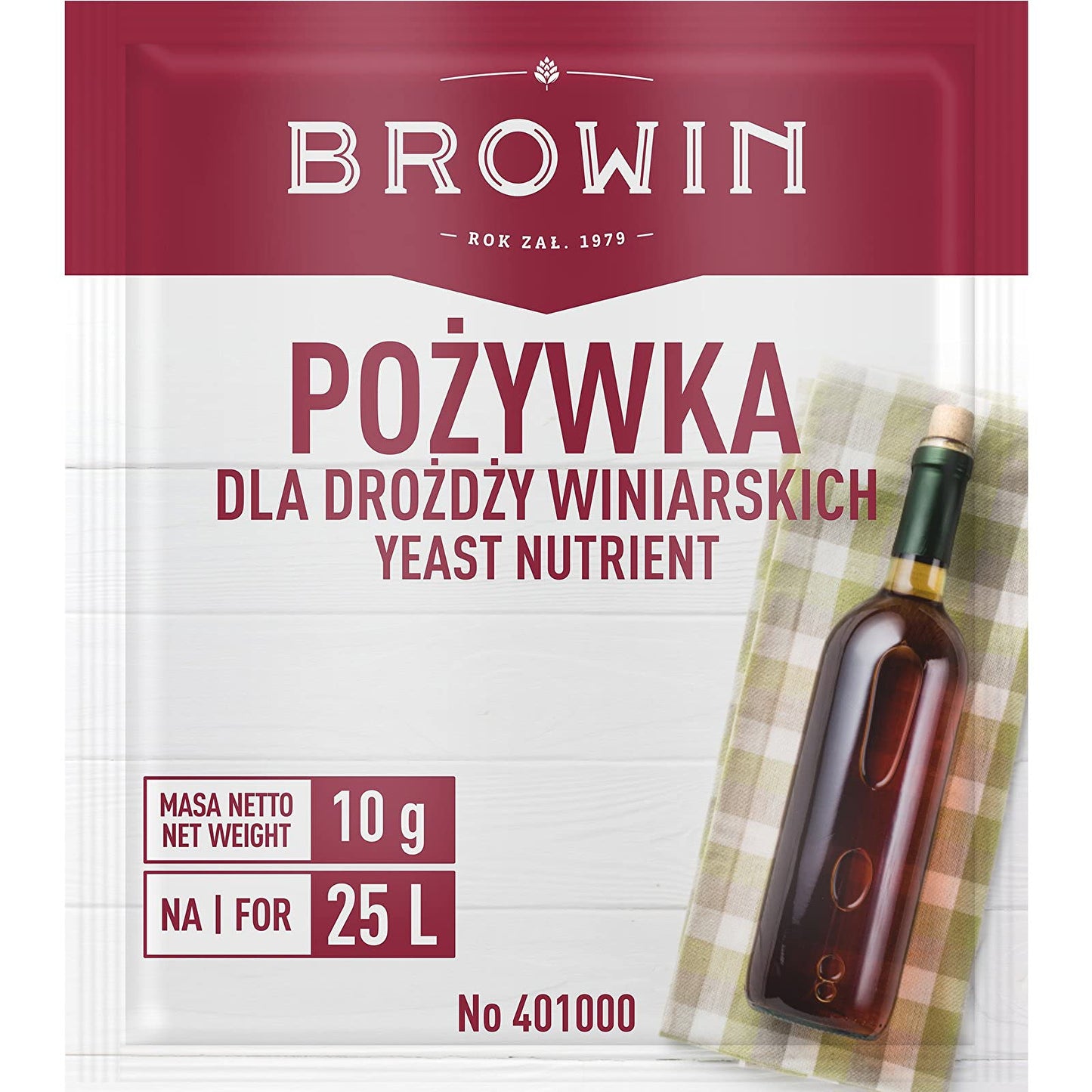 Browin yeast nutrient sachet for winemaking, 10g pack for 25L fermentation, featuring a wine bottle and plaid cloth on the label.