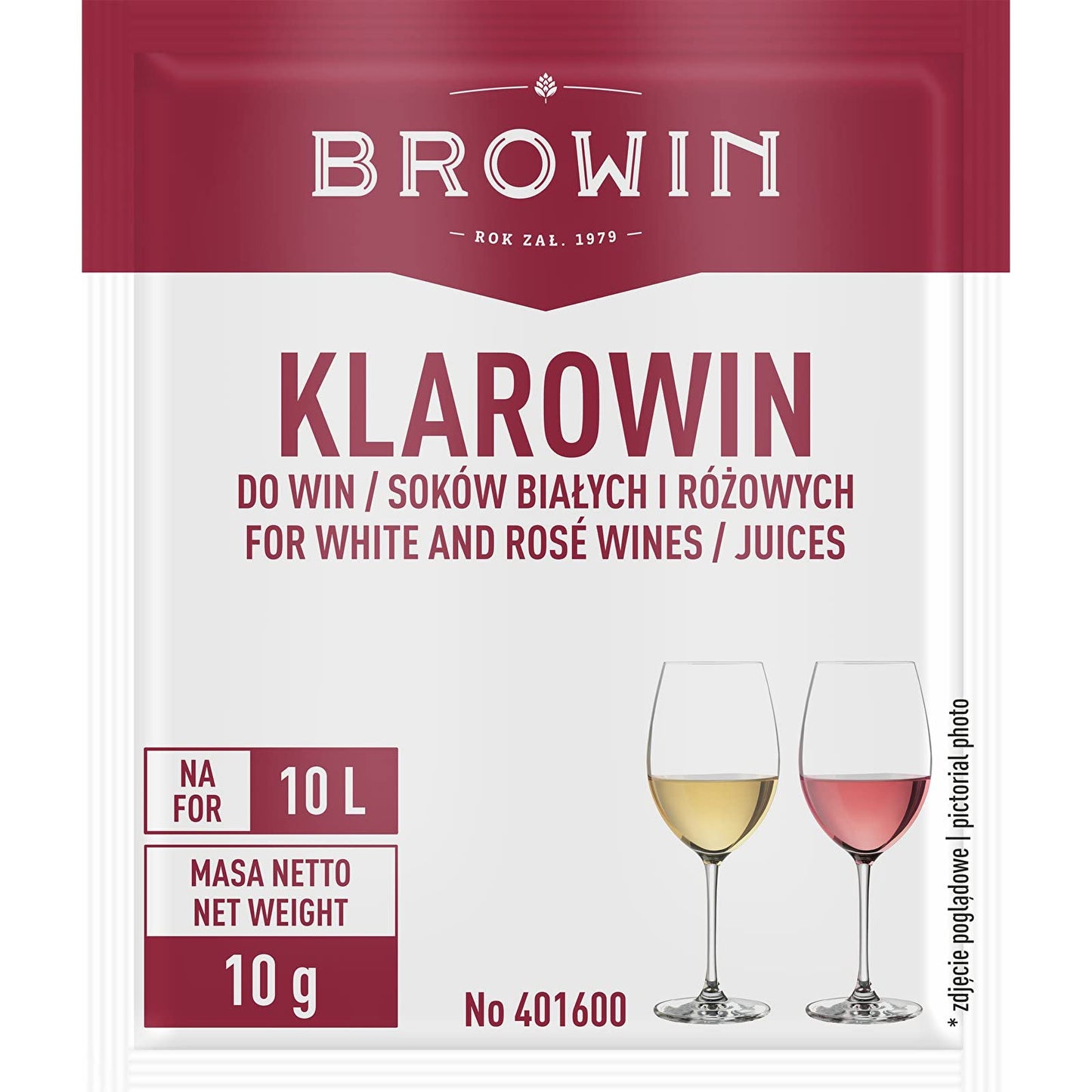 Browin yeast nutrient sachet for winemaking, 10g pack for 25L fermentation, featuring a wine bottle and plaid cloth on the label.