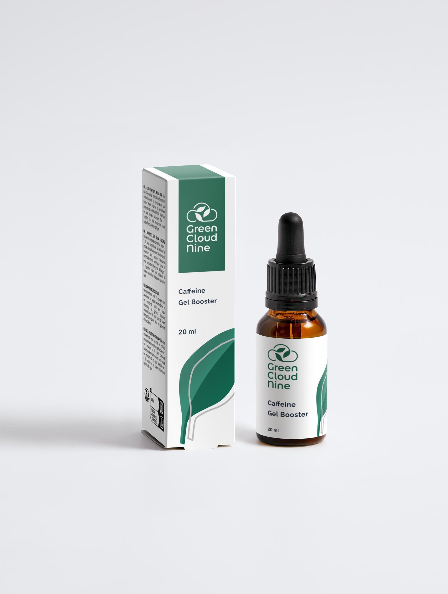 Caffeine Gel Booster 20ml with box in a glass dropper bottle with Green Cloud Nine Logo