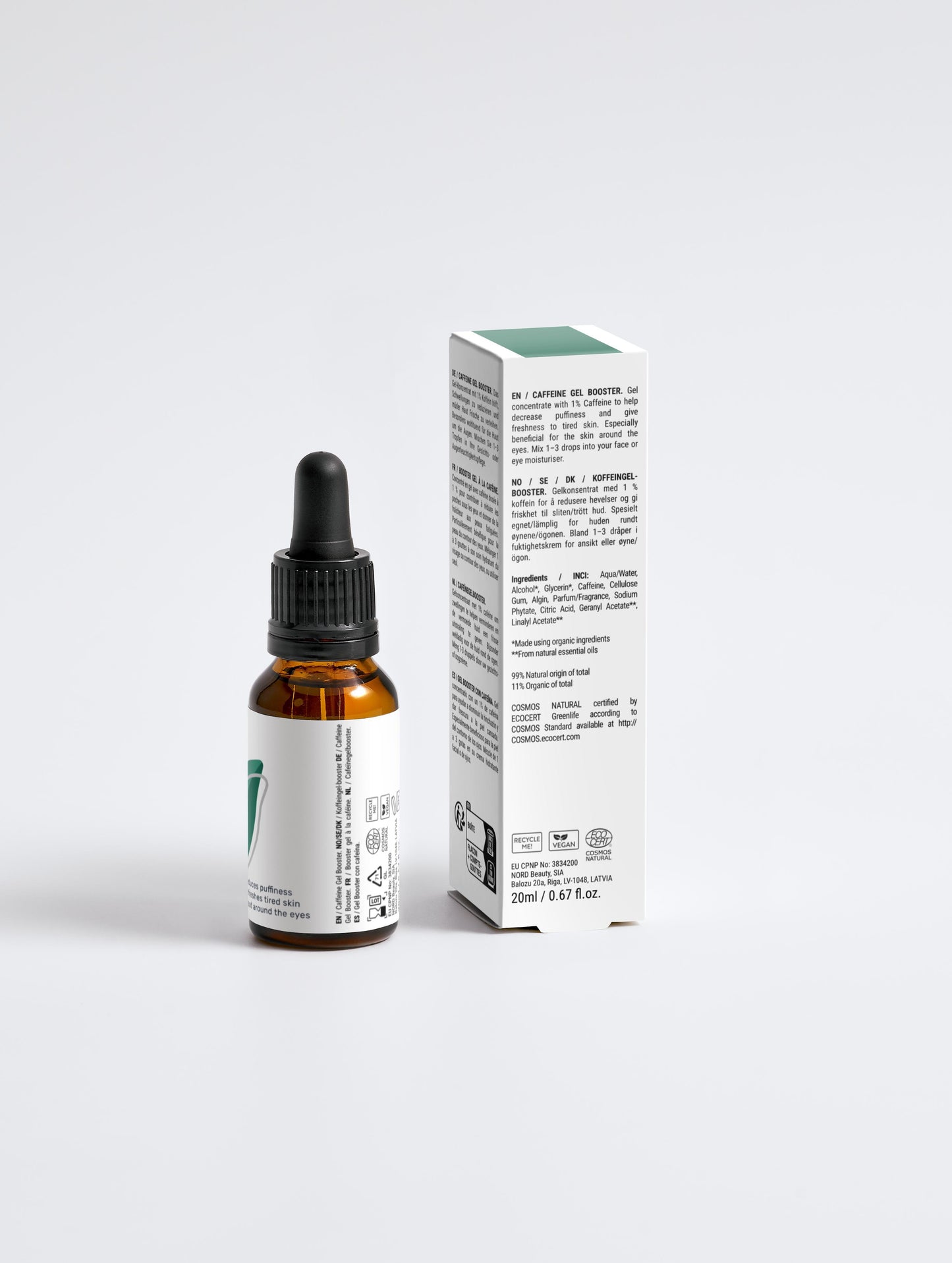 Caffeine Gel Booster 20ml with box back in a glass dropper bottle with Green Cloud Nine Logo