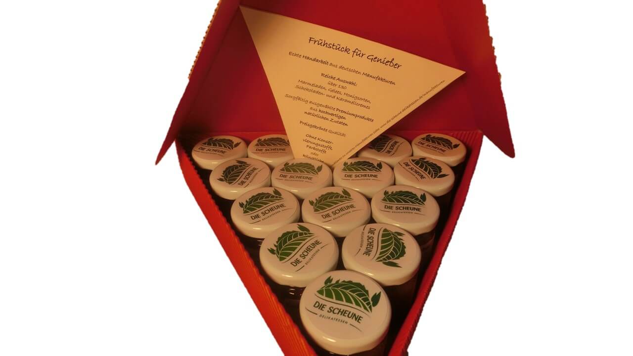 Cherry Breakfast Package with 15 jars of assorted fruit spreads from Die Scheune Delikatessen in a red box open